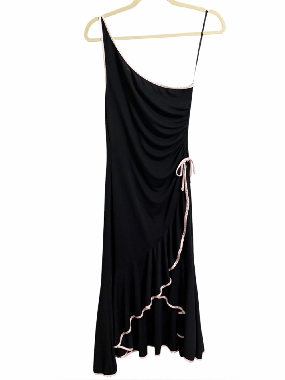 Y2K Vintage Fairy Grunge Asymmetrical Slip Dress - Black & Pink Satin Trim